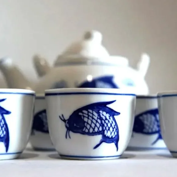 Blue and White Porcelain Carp/Koi Teapot Set with Cups and Serving Plate
